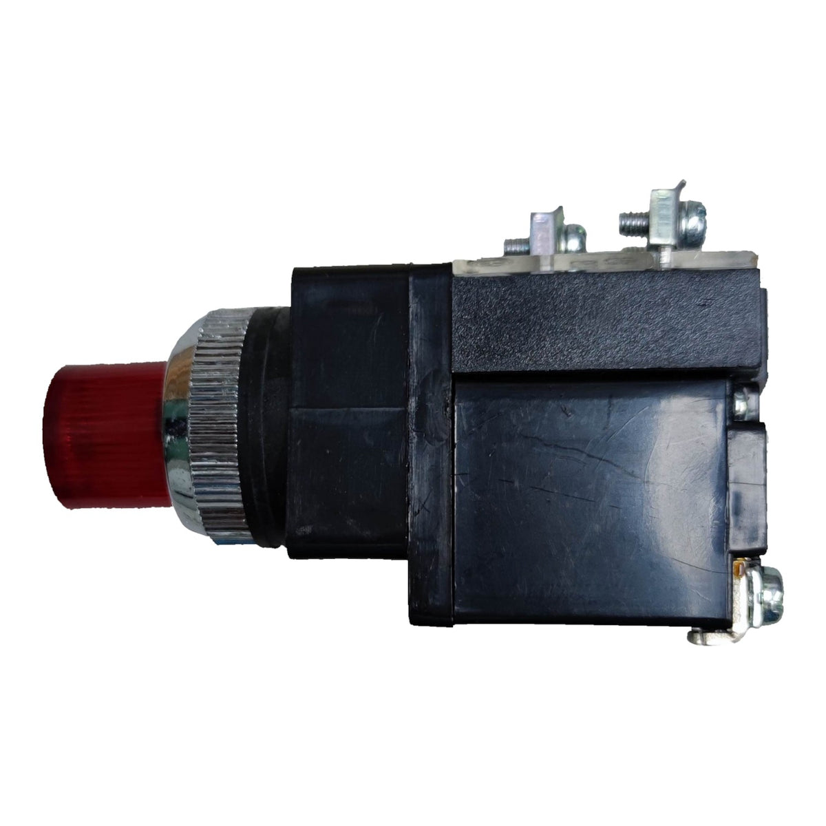A black industrial electrical push-button switch with a red dome-shaped button and a silver metal knurled collar, shown against a plain white background.