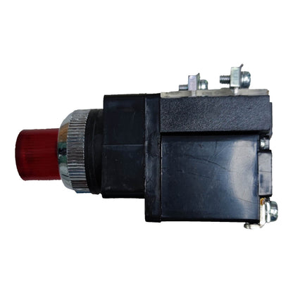 A black industrial electrical push-button switch with a red dome-shaped button and a silver metal knurled collar, shown against a plain white background.
