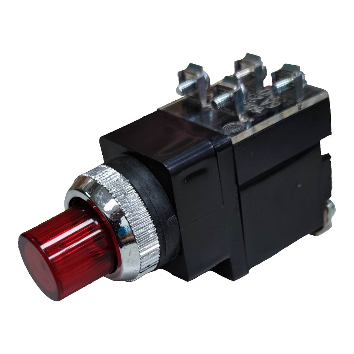 A black industrial toggle switch with a red illuminated button and silver metal terminal screws, shown on a plain white background.