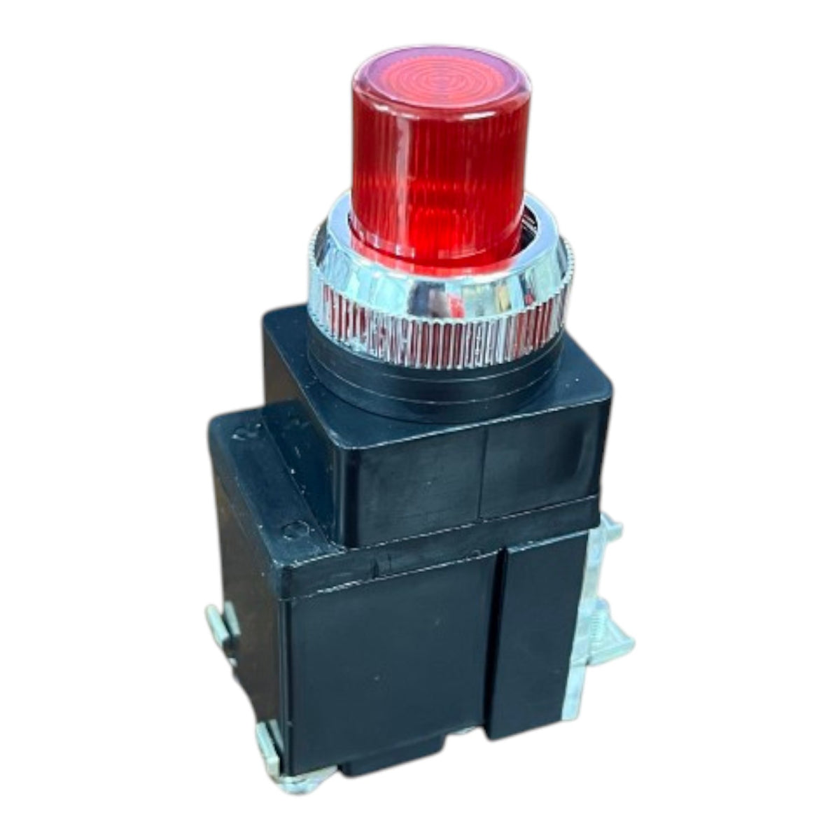A red emergency stop button with a black plastic housing and a silver metal collar, isolated on a white background.