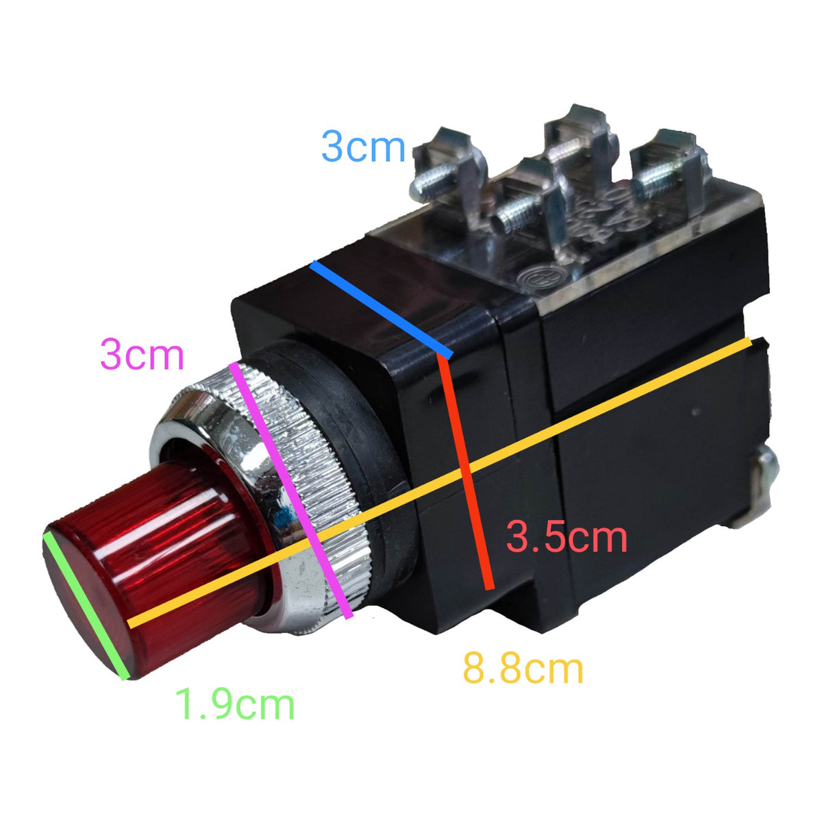 A black electrical push-button switch with a red illuminated lens and silver metal terminal block, overlaid with colored dimension lines and text labels showing measurements in centimeters on a white background.