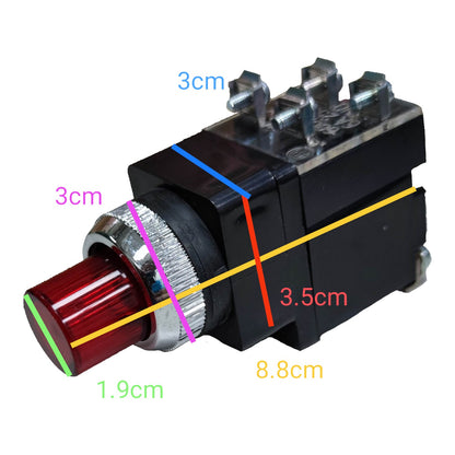 A black electrical push-button switch with a red illuminated lens and silver metal terminal block, overlaid with colored dimension lines and text labels showing measurements in centimeters on a white background.