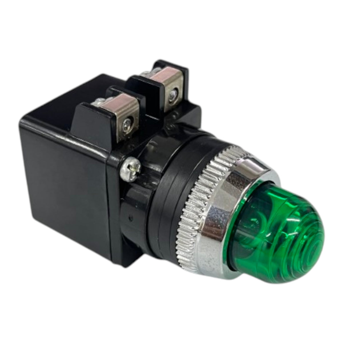 A black industrial push-button switch with a green translucent indicator light and a silver metal adjustment ring, shown on a plain white background.