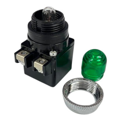 A black electrical light switch component with a threaded socket, two metal screw terminals, a separate silver metal ring, and a translucent green lens cover, shown on a plain white background.