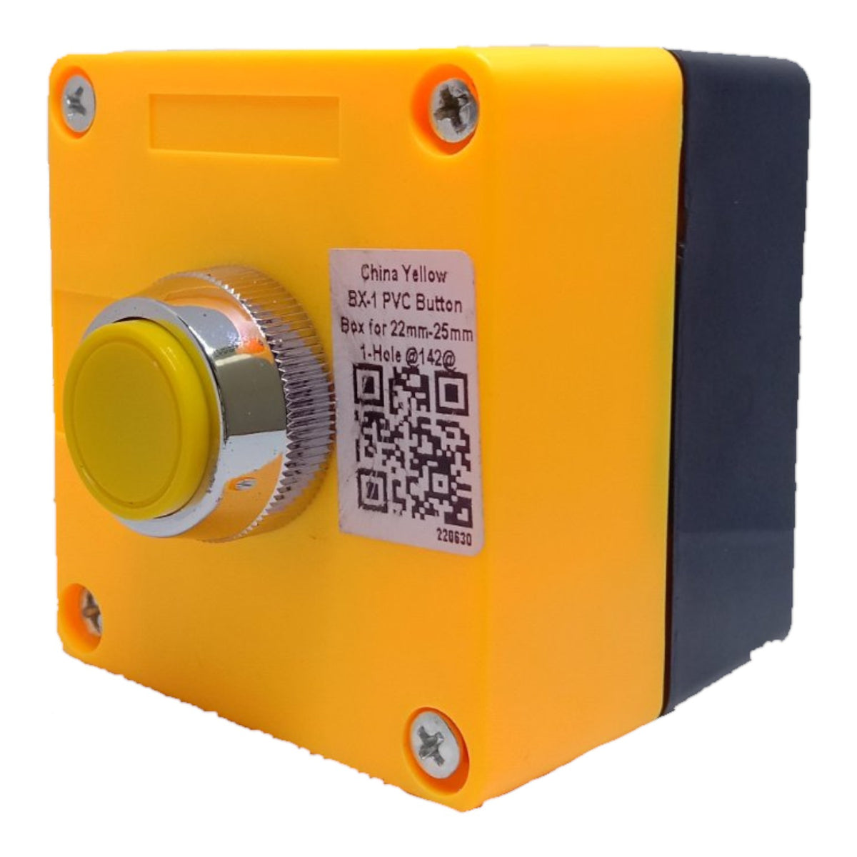 A square industrial push-button switch with a bright yellow faceplate and a large yellow center button, featuring a silver metallic bezel around the button. The side of the housing is black, and a white label with a QR code and text is attached to the front.