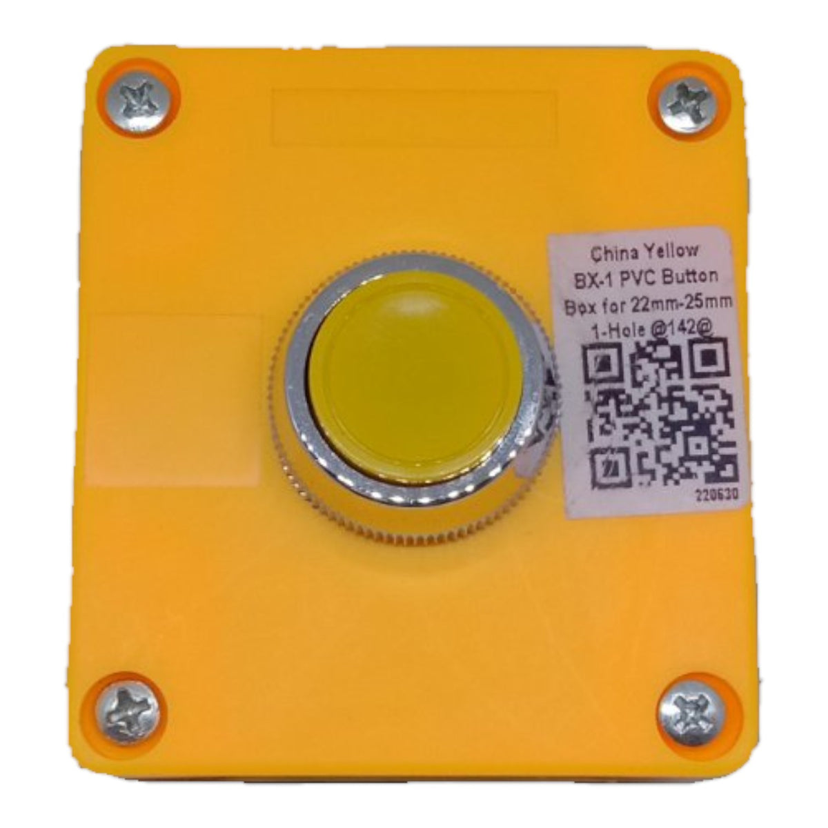 A square yellow industrial push-button with a silver metal bezel, mounted on a matching yellow backing plate with four corner screws. A white product label is attached to the right side with a QR code and text reading 'China Yellow BX-1 PVC Button'.