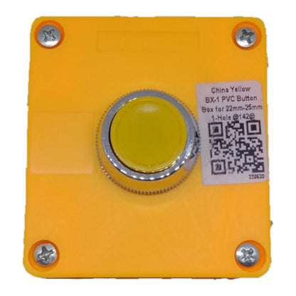 A square yellow industrial push-button with a silver metal bezel and a yellow center, mounted on a yellow backing plate with four screws. A white label on the right reads 'China Yellow BX-1 PVC Button' with a QR code.