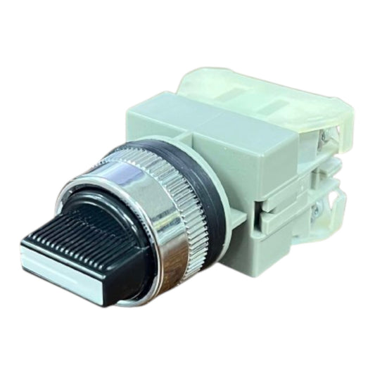 A plastic and metal electrical connector component with a black ribbed knob, a silver metal ring, and a light gray plastic body, isolated on a white background.