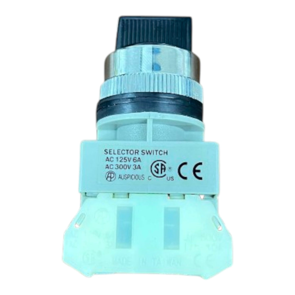 A light blue plastic industrial selector switch with a black and silver threaded connector, featuring printed specifications and certification logos on its side.