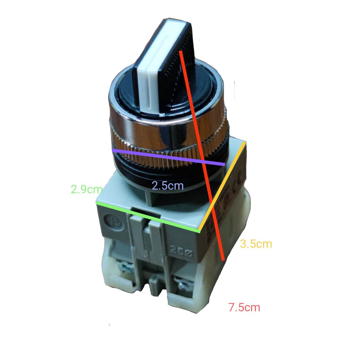 A small cylindrical switch or knob component on a white background with overlaid measurement lines and labels showing dimensions 2.9cm, 2.