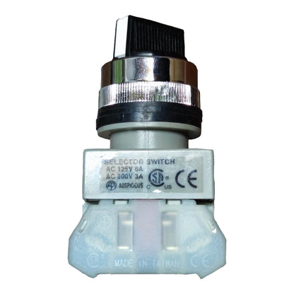 A small industrial selector switch with a black and silver top knob and a white plastic base, photographed on a plain white background.