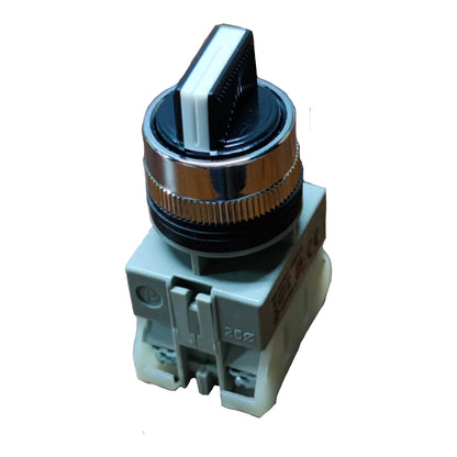 A small electrical rotary switch component with a black and silver top knob, a ribbed metallic collar, and a light gray plastic base, isolated on a white background.