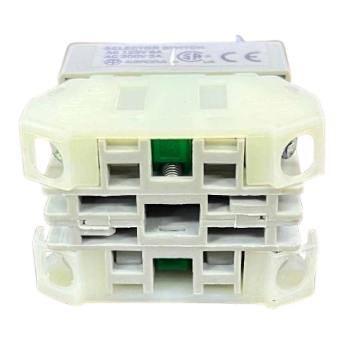 A plastic selector switch with three stacked positions, featuring a cream-colored outer housing and a white top cover with technical specifications and CE/SB marks.