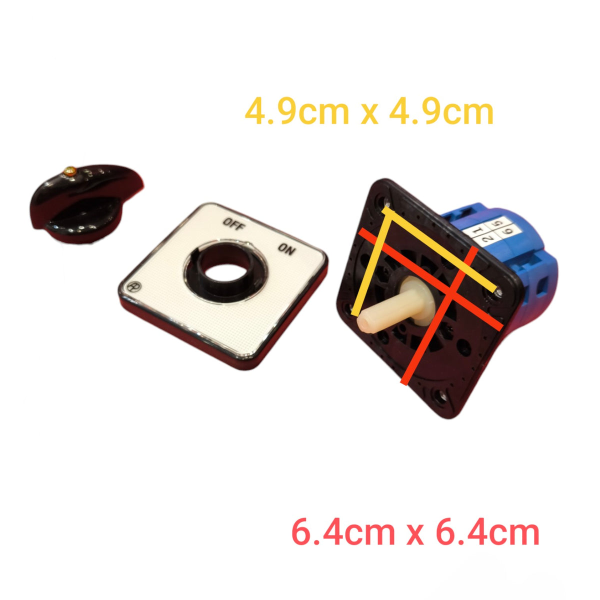 A small square electrical switch component shown on a white background with overlaid dimension text reading 4.9cm x 4.