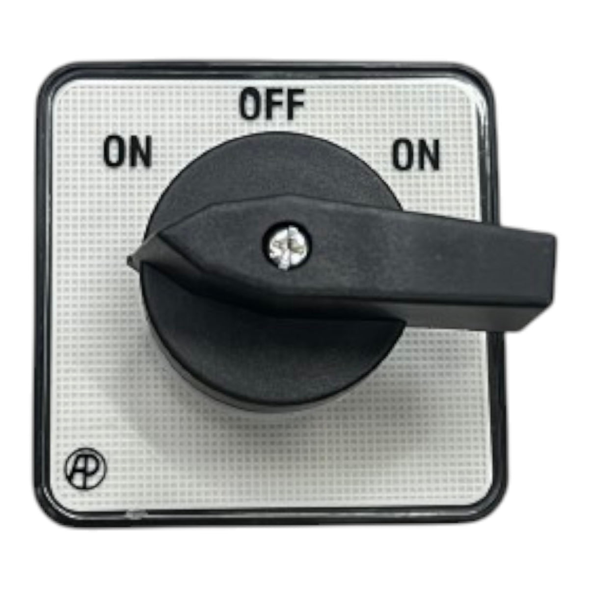 A square electrical switch knob with a black lever and a white textured faceplate, featuring 'ON' and 'OFF' labels.