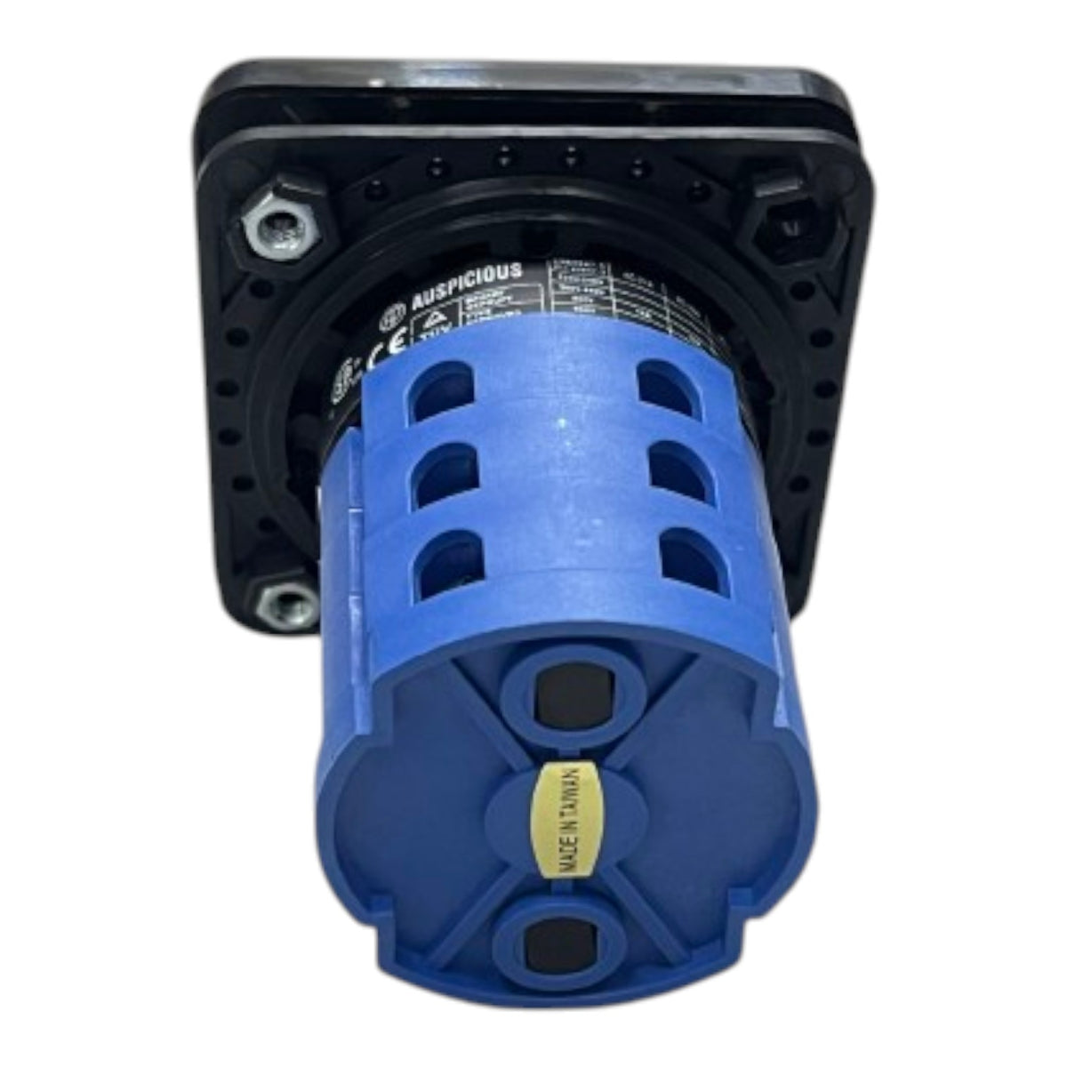 A blue and black industrial electrical connector or pump motor component, featuring a blue cylindrical body with ventilation holes and a black square mounting base, shown against a plain white background.