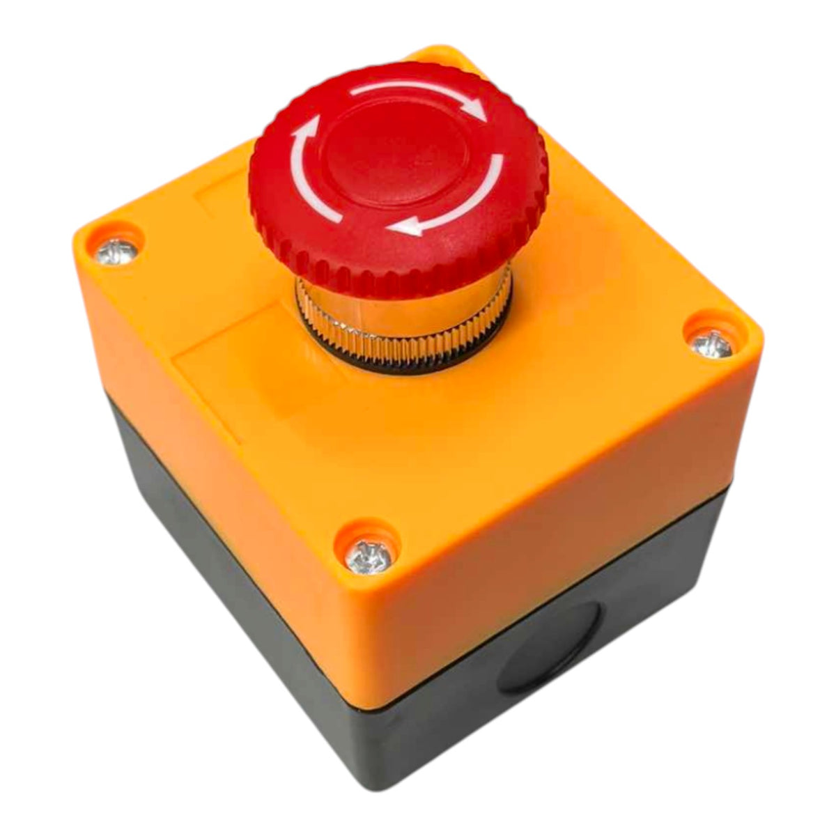 An industrial emergency stop push-button switch with a bright orange top housing, a red rotary switch with white arrows, and a black base, shown on a white background.