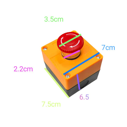An orange and black industrial-style switch or control module with a red top button, shown on a white background with colored dimension labels and arrows indicating measurements.