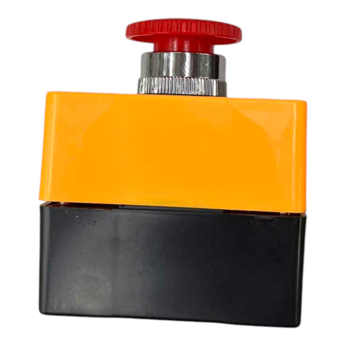 An industrial electrical push button with a bright orange top housing, a black base, and a red handwheel on a silver collar, isolated on a white background.
