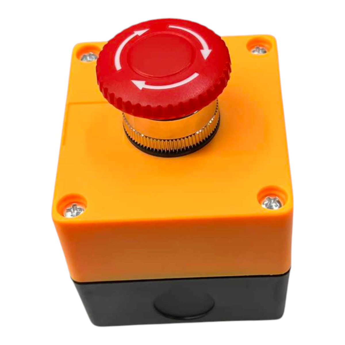 An industrial-style rotary emergency stop button with a red top and white directional arrows, mounted on a yellow-orange and black plastic housing against a white background.