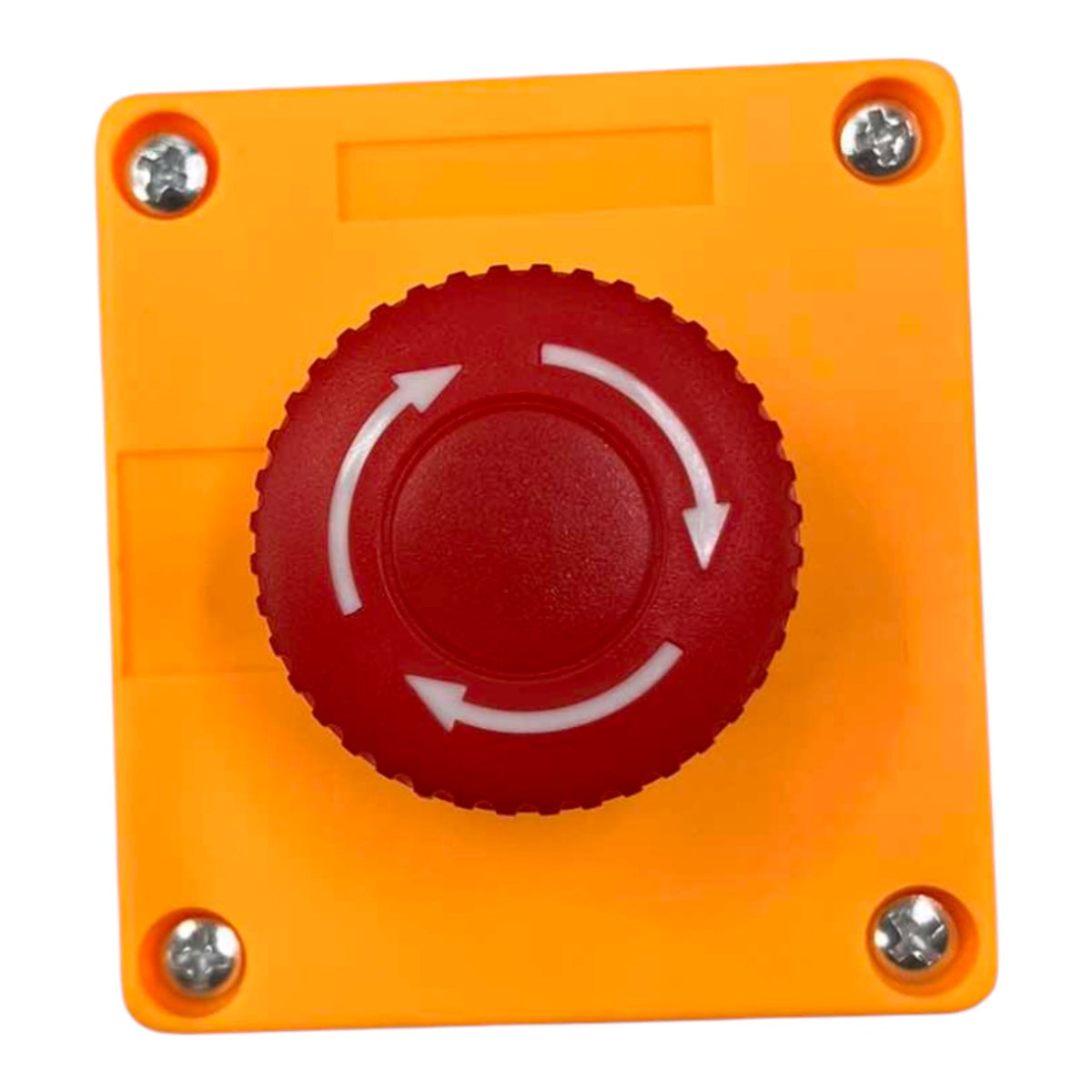 An industrial emergency stop push-button with a red circular rocker featuring white rotation arrows, mounted on a square orange plastic faceplate with four corner screws.