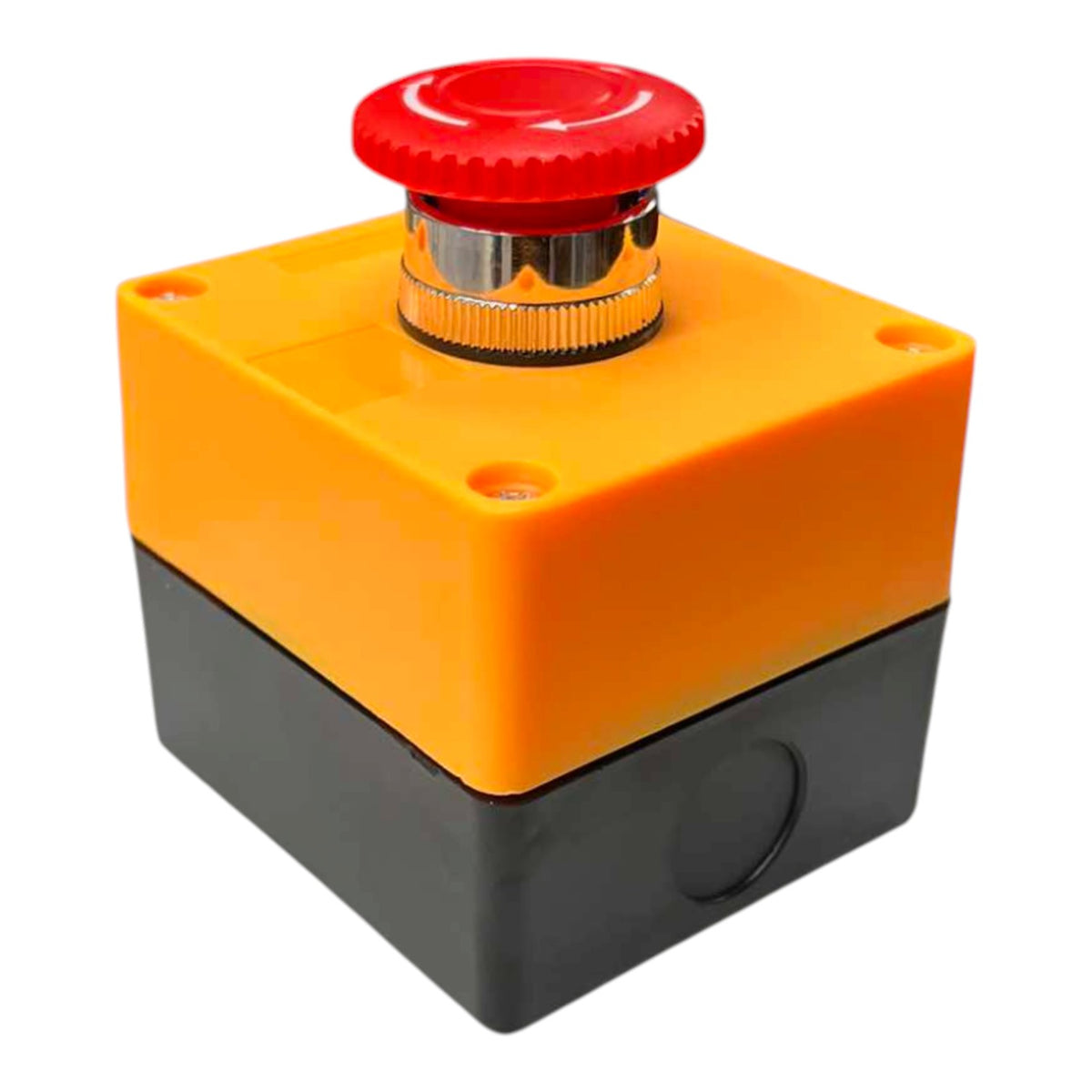 An industrial emergency stop button box with a bright orange upper housing, a dark gray lower housing, and a prominent red mushroom-top switch on a silver base, isolated on a white background.