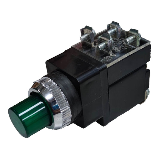 A black industrial push-button switch with a green illuminated button and a silver ribbed bezel, shown on a plain white background.