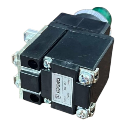 A black industrial electrical component with silver metal screws and a green button on top, featuring a white label that reads 'AUSPICIOUS'.