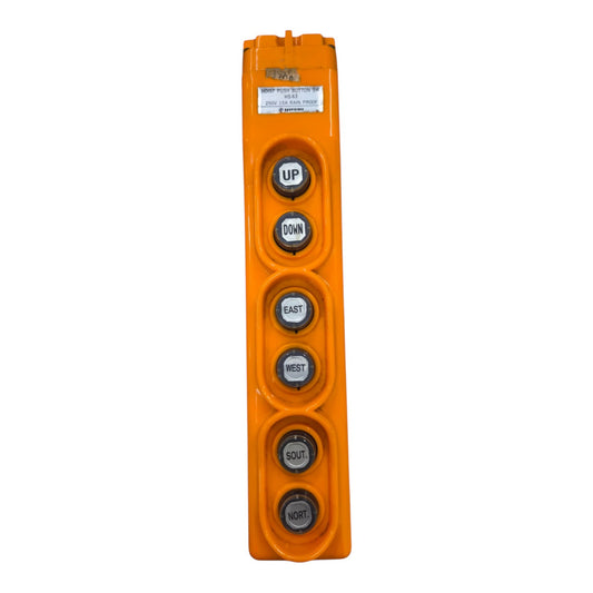An orange industrial control panel housing five circular buttons labeled UP, DOWN, EAST, WEST, and EXIT, set against a plain white background.
