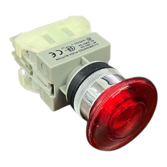 An industrial push button with a red illuminated lens, a silver metal knurled bezel, and a beige plastic housing, shown on a plain white background.