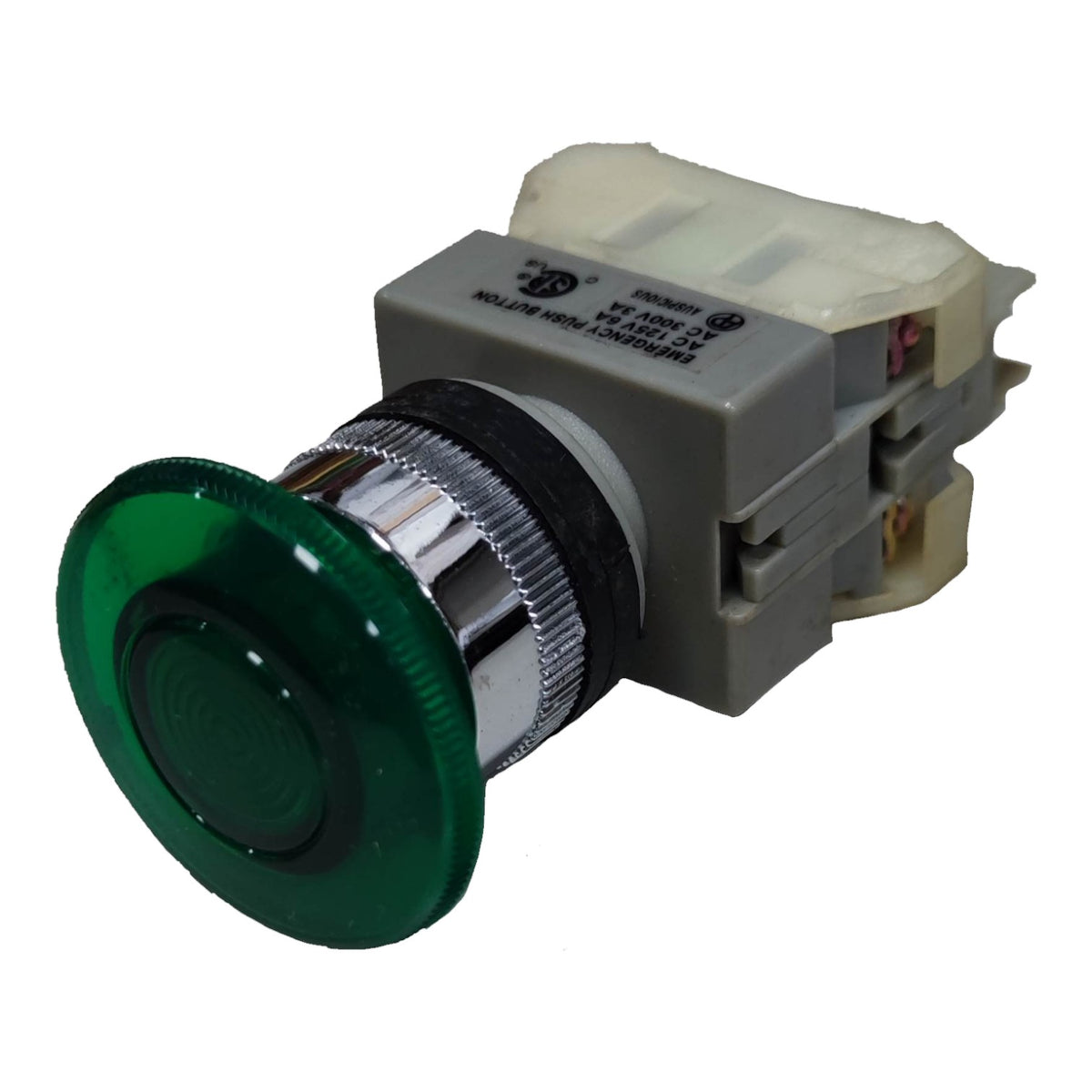 A green push-button module with a gray plastic housing, a silver metal ribbed collar, and a translucent green button face, shown on a white background.