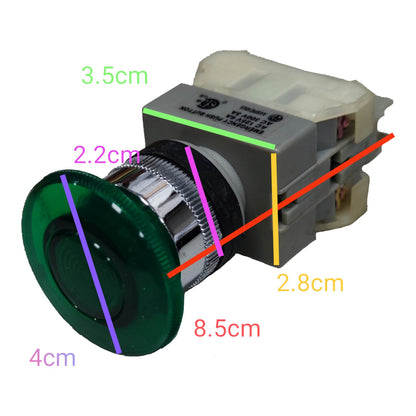A push-button switch with overlaid dimension labels and colored measurement lines showing width, depth, and height on a plain white background.