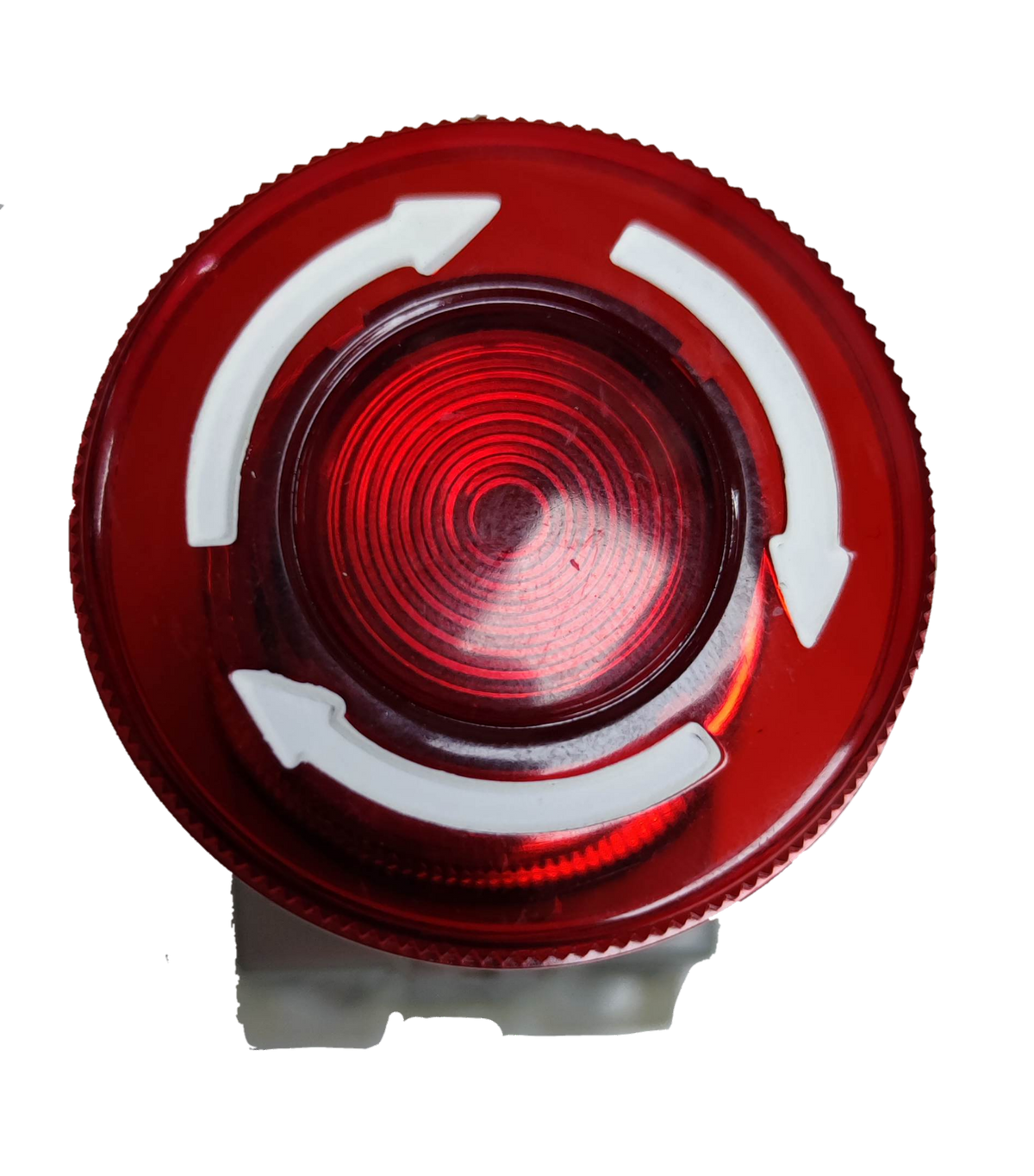 Auspicious illuminated emergency stop push button in red with white rotation arrows for power safety