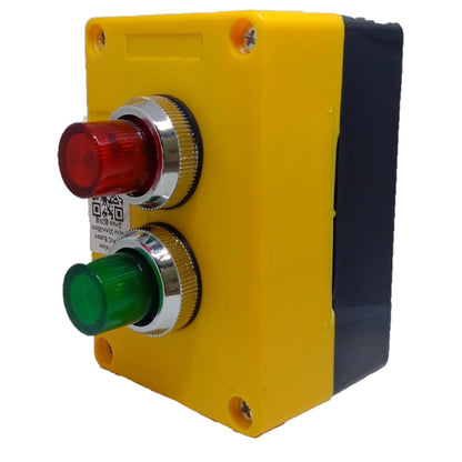 Industrial dual-button control box with a yellow faceplate, a red emergency stop button on top, a green start button below, and a black side panel, shown on a white background.