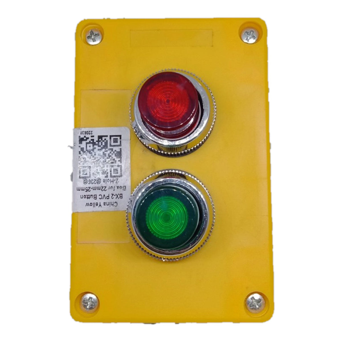 A yellow industrial control panel featuring two large push buttons: a red emergency stop button on top and a green start button on the bottom, both with silver metal bezels. The panel is secured with four corner screws and has a white QR code sticker on the left side.