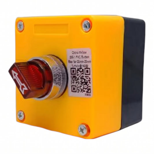 A yellow and black industrial push-button switch with a red translucent cover, shown on a plain white background.
