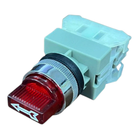 A red indicator light switch with a light blue plastic housing and a silver metal ring, shown on a plain white background.