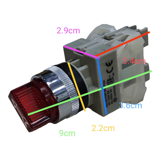 A gray industrial push-button switch with a red lens and silver metal ring, overlaid with colored measurement lines and labels showing dimensions in centimeters on a white background.