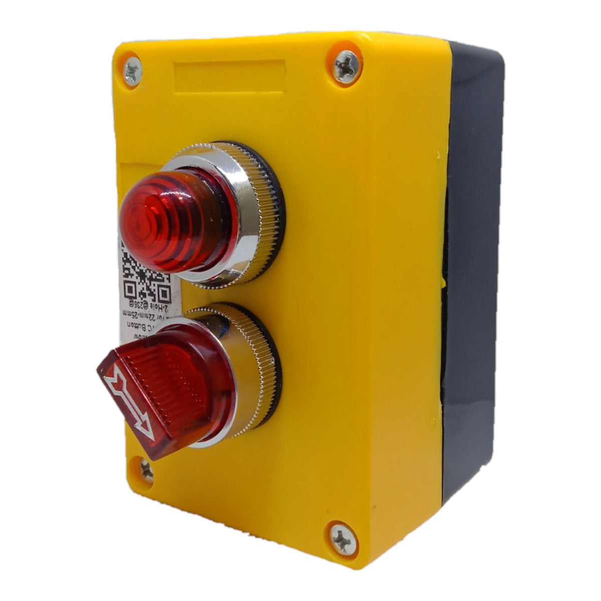 A yellow industrial electrical control panel with two red push buttons, one normally closed and one normally open, set against a plain white background.