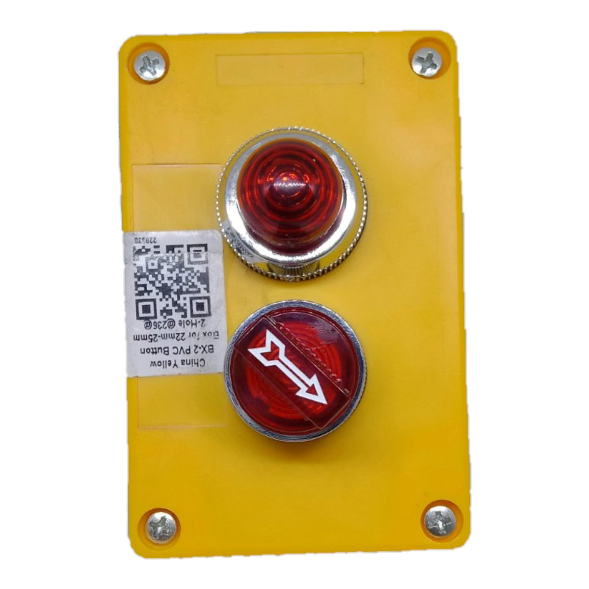 A yellow industrial control panel featuring two red push buttons with silver metal bezels, one with a red circular lens and the other with a red lens and a white double-arrow symbol. A white QR code sticker is visible on the left side of the panel.