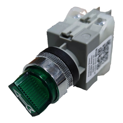 An industrial push-button switch with a green illuminated lens, a silver metal bezel, and a gray plastic housing, shown on a white background.