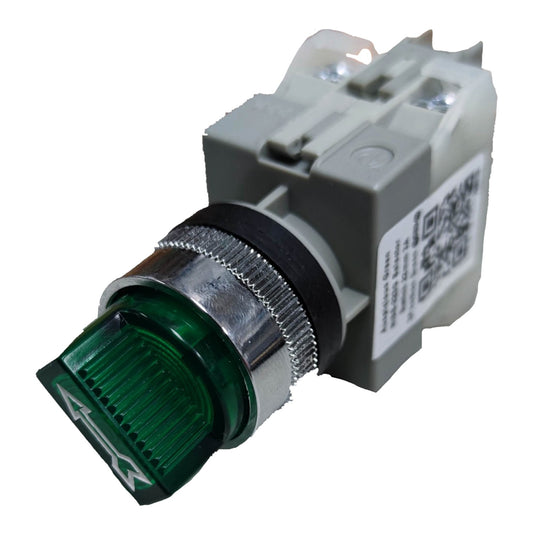 An industrial push-button switch with a green illuminated lens, a silver metal bezel, and a gray plastic housing, shown on a white background.