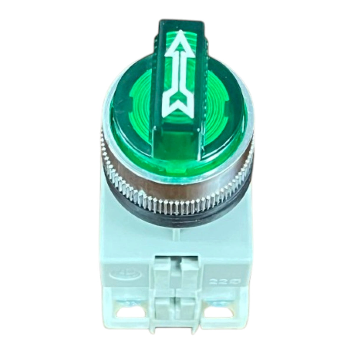 A green and white electrical push-button switch with a circular textured ring and a white arrow symbol on the top cover, isolated on a white background.
