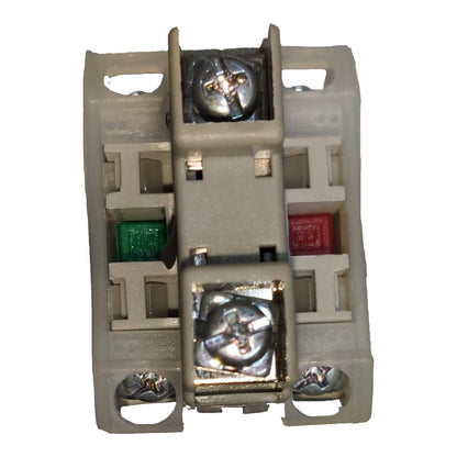 A plastic electrical terminal block connector with silver screw terminals and small green and red indicator tabs, shown on a plain white background.
