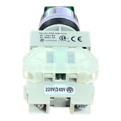 A miniature plastic selector switch with a white body, a black and white knurled ring, and a green top button, shown on a white background. The brand 'SIGNODE' is visible on the top label.