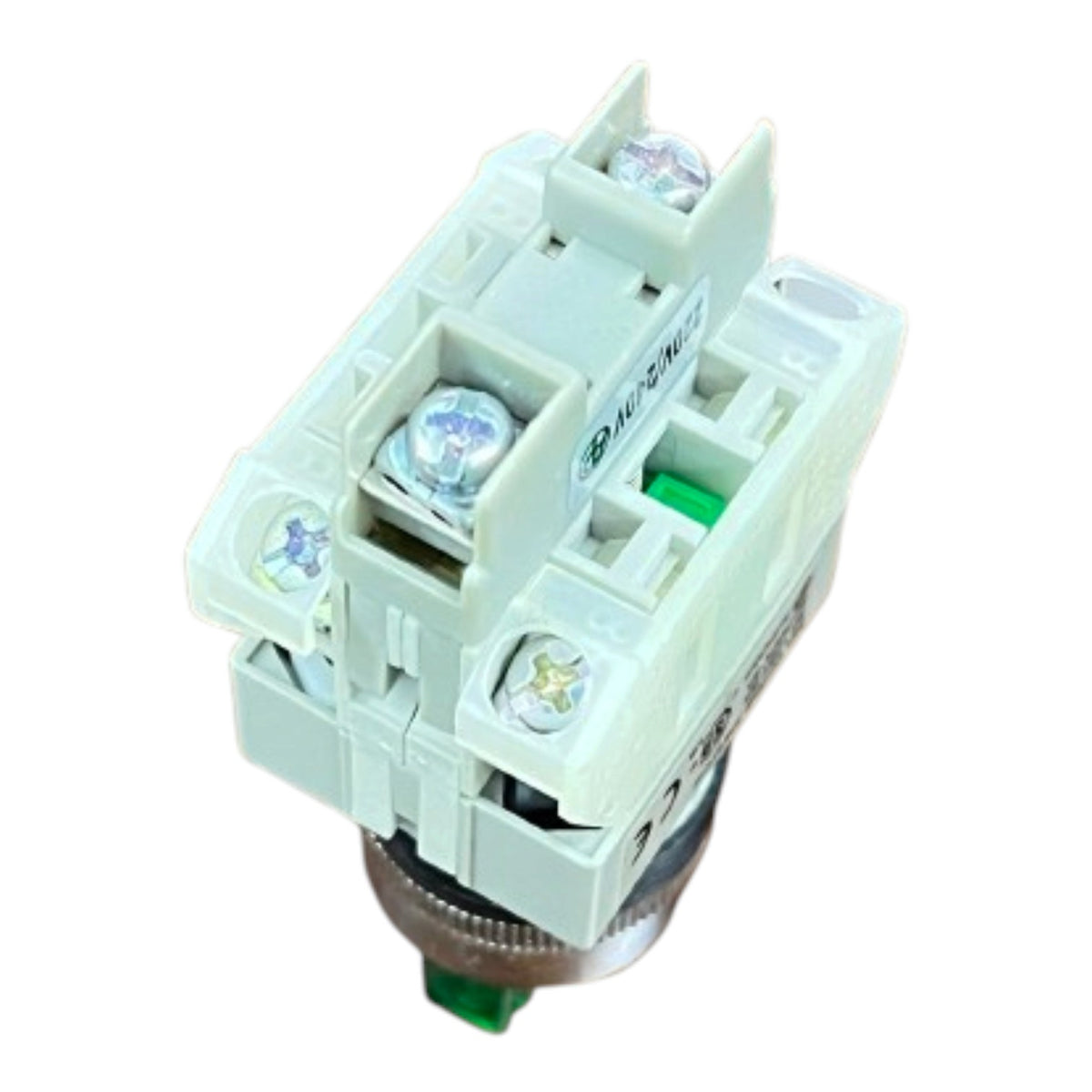 An industrial electrical terminal block connector with a white plastic housing, silver screw terminals, and a green push-in connector at the bottom, isolated on a white background.