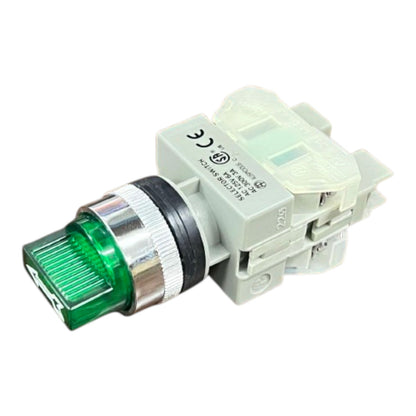 A small industrial electrical push-button switch with a translucent green light and a light gray plastic housing, shown on a plain white background.