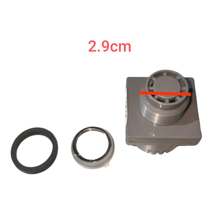 A small gray cylindrical appliance part or filter assembly shown on a white background with two small accessory rings beside it and red text reading 2.9cm plus a red measurement line across the top surface.