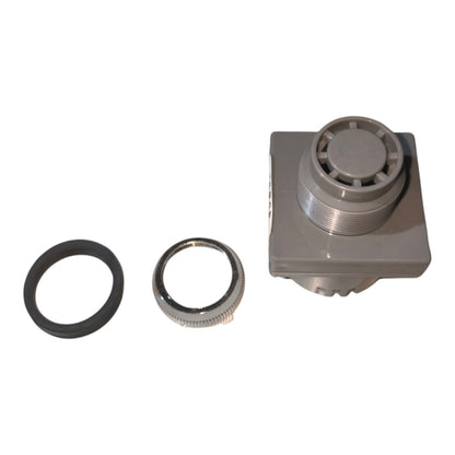 A gray plastic and metal cylindrical component with a threaded base, shown alongside two small circular seals or rings on a plain white background.