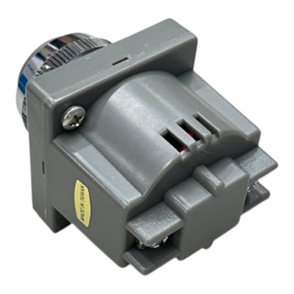 A gray plastic electrical connector with a metallic silver and blue threaded component on one end, a small yellow label, and a white background.